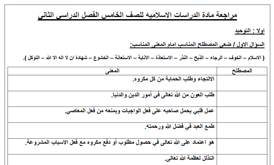مراجعة مادة الدراسات الاسلاميه للصف الخامس والسادس الفصل الدراسي الثاني