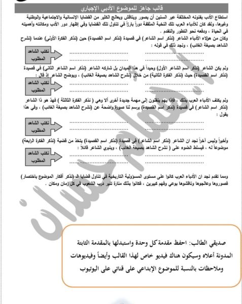 الشواهد والمحاور الأساسية في اللغة العربية الصف الثالث الثانوي العلمي 