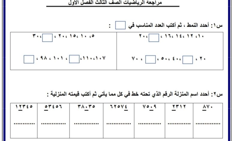 مراجعة الفصل الأول القيمة المنزلية من مادة الرياضيات للصف الثالث الإبتدائي للفصل الأول من العام 1444هـ منهاج السعودية