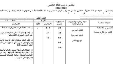 التحضير اليومي فاقد اللغة العربية الصف الخامس الفصل الدراسي الأول 2022/2023 المنهاج الأردني