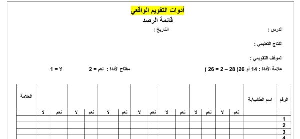 أدوات التقويم الواقعي الفصل الاول 2022 المنهاج الأردني