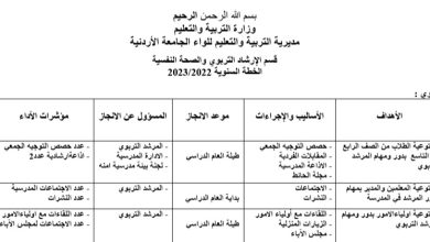 الخطة السنوية للإرشاد التربوي للعام 2022/2023 المنهاج الأردني