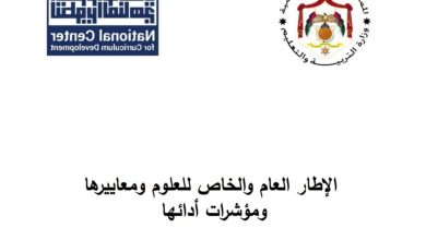 الإطار المطلوب من الأطر المطورة لمباحث العلوم رياض الأطفال الفصل الأول 2022 المنهاج الأردني