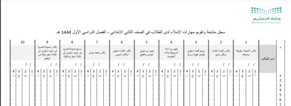 سجل متابعة وتقويم مهارات الإملاء في مادة لغتي للصف الثاني الإبتدائي للفصل الأول من العام 1444هـ المنهاج السعودي