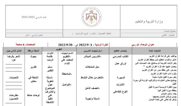 الخطة الفصلية وتحليل المحتوى مادة التربية الإسلامية الصف الثاني الفصل الدراسي الأول المنهاج 2023 المنهاج الأردني