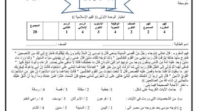 اختبار القيم الإسلامية من مادة لغتي الخالدة للصف الأول متوسط الفصل الأول من العام 1444هـ المنهاج السعودي