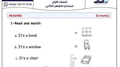 اختبار الشهر الثاني مادة اللغة الإنجليزية الصف الأول الفصل الدراسي الأول المنهاج الأردني 2023