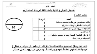 اختبار التكويني الثاني الكتابة اللغة العربية الصف الرابع من الفصل الدراسي الأول 2022 المنهاج الإماراتي