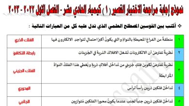 نموذج الاختبار القصير (1) (محلول) كيمياء حادي عشر علمي من الفصل الدراسي الأول 2022 المنهاج الكويتي