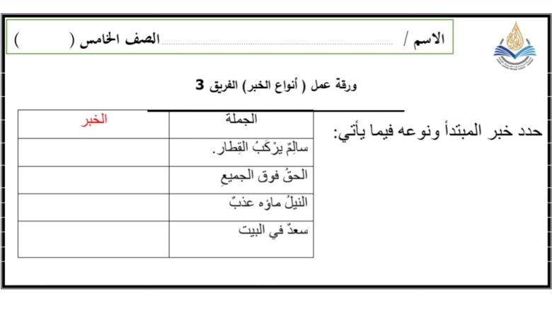 ورقة عمل أنواع الخبر اللغة العربية الصف الخامس من الفصل الدراسي الأول 2022 المنهاج الإماراتي