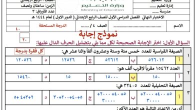 إجابة الاختبار النهائي في مادة الرياضيات للصف الرابع الفصل الدراسي الأول 1444 المنهاج السعودي