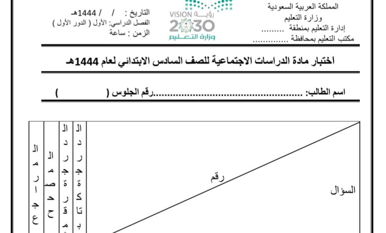 نموذج اختبار نهائي مادة الدراسات الاجتماعيات الصف السادس الفصل الأول من العام 1444 المنهاج السعودي