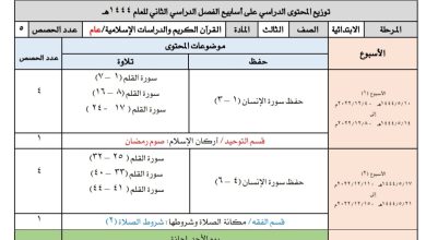 توزيع منهاج مادة القرآن والدراسات الإسلامية للصف الثالث تعليم- الفصل الثاني للعام 1444هـ منهاج السعودي