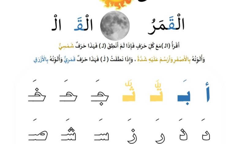 تدريبات اللام الشمسية واللام القمرية مادة اللغة العربية الصف الأول الفصل الأول من العام 2022-2023 منهاج الإمارات
