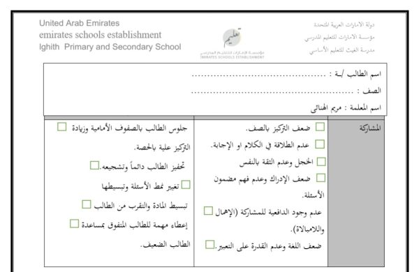 خطة علاجية للطلاب الضعاف اللغة العربية الصف الثاني من الفصل الأول من العام 2022-2023 منهاج الإمارات