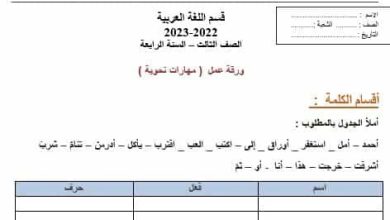 ورقة عمل مهارات نحوية اللغة العربية الصف الثالث الفصل الأول من العام 2023/2022 المنهاح الإماراتي