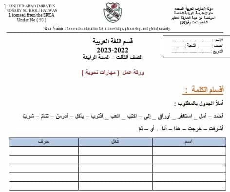 ورقة عمل مهارات نحوية اللغة العربية الصف الثالث الفصل الأول من العام 2023/2022 المنهاح الإماراتي