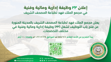 مجمع الملك فهد لطباعة المصحف الشريف يعلن 33 وظيفة بمختلف التخصصات