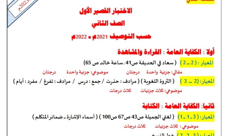 مذكرة الاختبار القصير الأول اللغة العربية الصف الثاني ابتدائي الفصل الأول للعام 2022-2023 منهاج الكويت