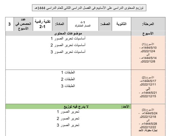 توزيع محتوى تقنية رقمية الصف اول ثانوي المسار المشترك (وزاري) الفصل الثاني للعام 1444هـ منهاج السعودية