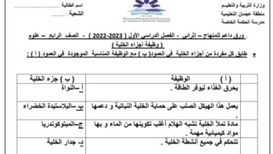 ورقة عمل وظيفة أجزاء الخلية العلوم الصف الرابع الفصل الأول للعام 2022-2023 منهاج الإمارات