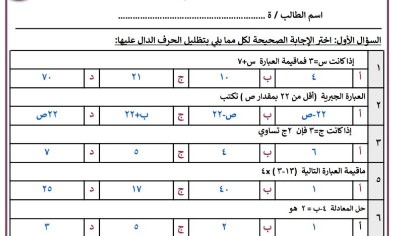 اختبار الفصل الخامس ( العبارات الجبرية والمعادلات) للعام 1444هـ المنهاج السعودي
