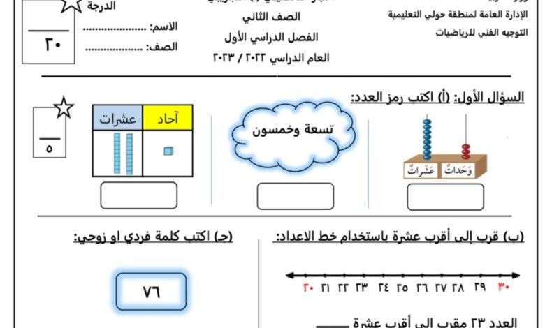 نموذج (1) (غير محلول) للاختبار التحصيلي رياضيات ثاني ابتدائي الفصل الاول للعام 2022-2023 منهاج الكويت