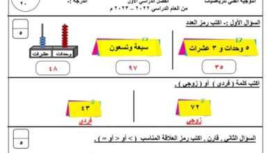 نموذج (2) (محلول) للاختبار التحصيلي رياضيات ثاني ابتدائي الفصل الاول للعام 2022-2023 منهاج الكويت