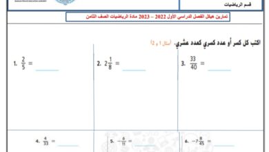 تمارين هيكل امتحان الرياضيات الصف الثامن الفصل الاول للعام 2022-2023 منهاج الإمارات