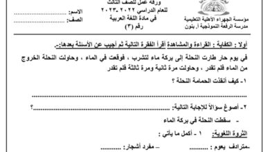 ورقة عمل (3) (غير محلولة) عربي ثالث ابتدائي الفصل الاول للعام 2022-2023 منهاج الكويت