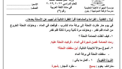 ورقة عمل (3) (محلولة) عربي ثالث ابتدائي الفصل الاول للعام 2022-2023 منهاج الكويت