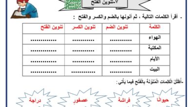 ورقة عمل تنوين الفتح عربي ثالث ابتدائي الفصل الاول للعام 2022-2023 منهاج الكويت