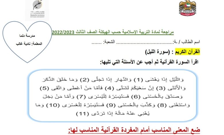 مراجعة سورة الليل التربية الإسلامية الصف الثالث الفصل الاول للعام 2022-2023 منهاج الإمارات