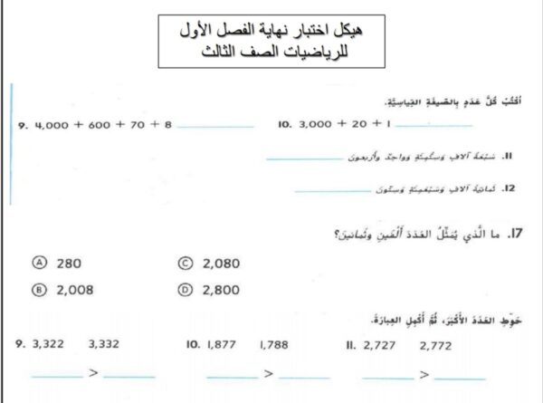 نموذج هيكل امتحان الرياضيات الصف الثالث الفصل الاول للعام 2022-2023 منهاج الإمارات