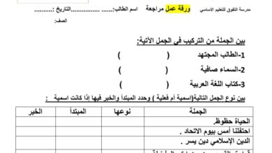 ورقة عمل مراجعة اللغة العربية الصف الرابع الفصل الاول للعام 2022-2023 منهاج الإمارات