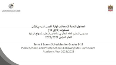 الجداول الزمنية لامتحانات نهاية الفصل الدراسي الأول الصف الثالث إلى الثاني عشر 2022-2023 منهاج الإمارات