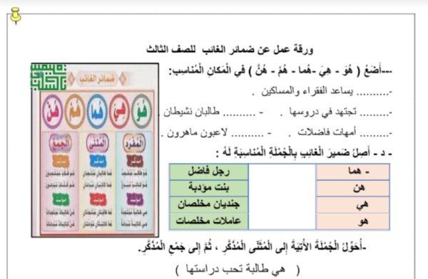 ورقة عمل ضمائر الغائب عربي ثالث ابتدائي الفصل الاول للعام 2022-2023 منهاج الكويت