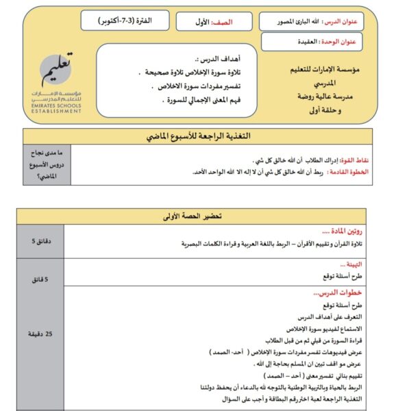 الخطة الدرسية اليومية سورة الإخلاص التربية الإسلامية الصف الأول الفصل الأول للعام 2022-2023 منهاج الإمارات