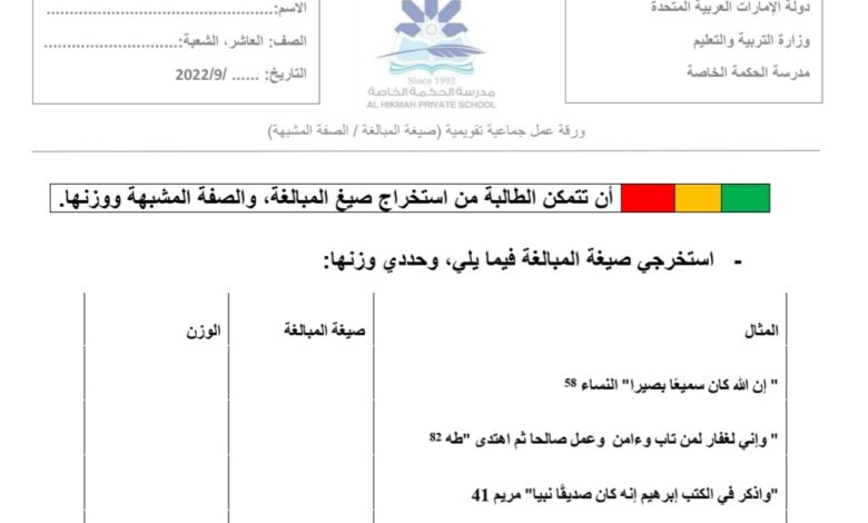 ورقة عمل صيغة المبالغة و الصفة المشبهة اللغة العربية الصف العاشر الفصل الأول للعام 2022-2023 منهاج الإمارات