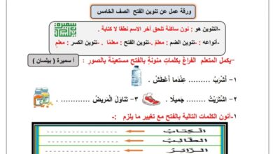 ورقة عمل تنوين الفتح عربي خامس ابتدائي الفصل الأول للعام 2022-2023 منهاج الكويت