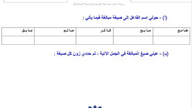 ورقة عمل صيغة المبالغة اللغة العربية الصف العاشر الفصل الأول للعام 2022-2023 منهاج الإمارات
