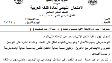 نموذج اختبار نهائي مادة اللغة العربية الصف العاشر الفصل الدراسي الثاني المنهاج الأردني