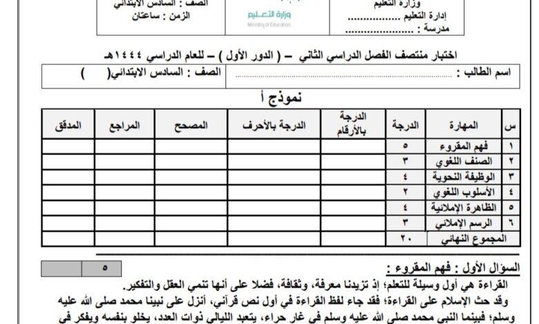 نموذج امتحان ( أ ) الدور الاول لغتي الصف السادس الفصل الثاني للعام 1444هـ منهاج سعودي