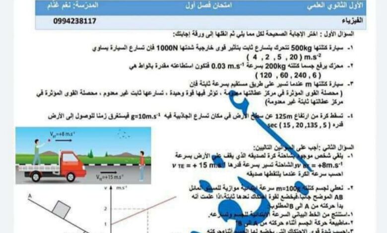 نموذج امتحان فيزياء الصف العاشر علمي الفصل الاول للعام 2022-2023 منهاج السوري
