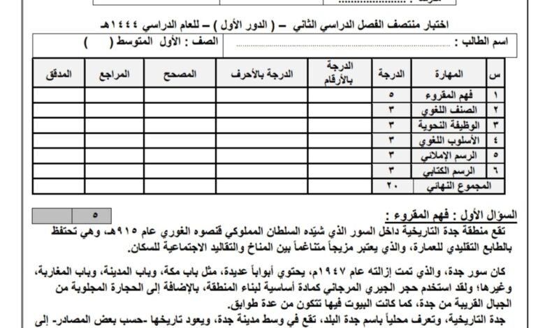 اختبار الدور الاول منتصف الفصل لغتي الصف أول متوسط الفصل الثاني 1444هـ منهاج السعودي