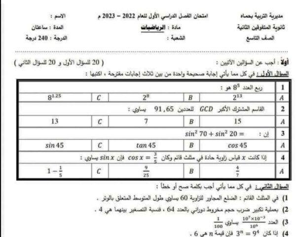نموذج أمتحان رياضيات مع الحل وسلم التصحيح الفصل الأول للعام 2023 منهاج السوري