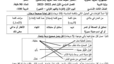 الاختبار الموحد لمادة اللغة العربية مع سلم التصحيح الصف الثالث الفصل الأول للعام 2023 منهاج السوري
