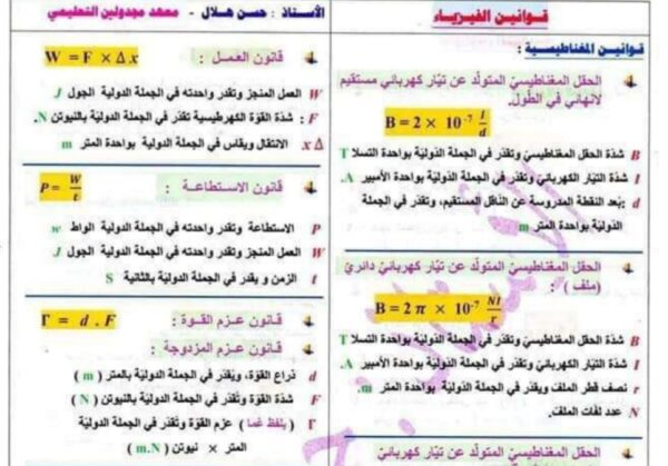 جميع قوانين (فيزياء - كيمياء) الصف التاسع الفصل الأول للعام 2023 منهاج السوري