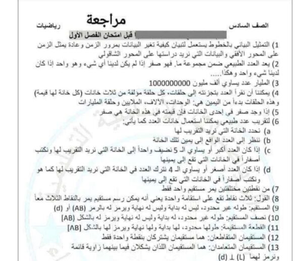 مراجعة منهاج الرياضيات الصف السادس الفصل الأول للعام 2023 منهاج السوري