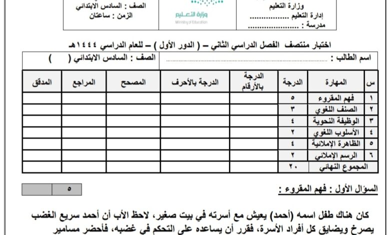 اختبار الدور الاول نموذج (ب) مادة لغتي الصف السادس الابتدائي الفصل الثاني للعام 1444هـ منهاج السعودي
